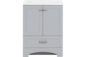 Spring Mill Cabinets Emlyn 24 Inch Bathroom Vanity with White Single Sink Top, 2-Door Cabinet, 1 Drawer, 24.5" W x 18.75" D x 32.89" H, Pearl Gray