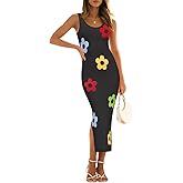 ZESICA Women's Summer Knit Bodycon Midi Dress 2026 Sleeveless Floral Crewneck Color Block Long Beach Party Dresses