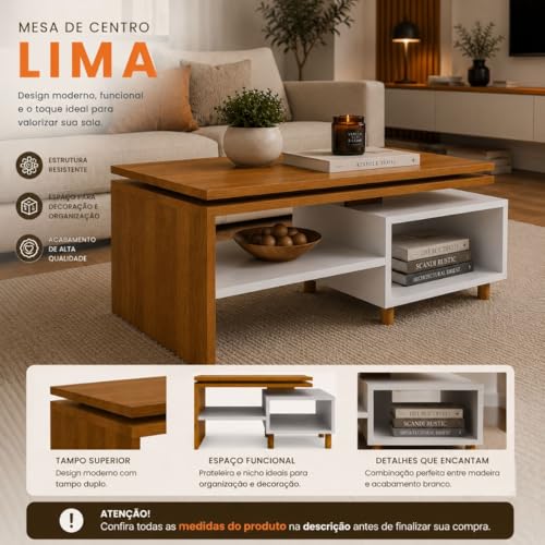 Mesa de Centro Lima multiuso para Sala de Estar com Nicho Organizador e Prateleira Decorativa – Design Moderno e Funcional.