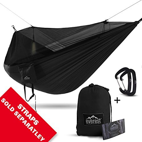 Double Hammock - Everest | Bug &amp; Mosquito Free Camping &amp; Outdoor Hammocks Tent Reversible Integrated BugNet YKK Zipper Ripstop Diamond Weave Nylon Includes Lightweight Carabiners | Black