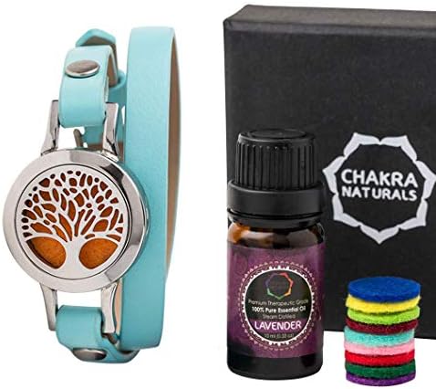 Aromatherapy Diffuser Leather Bracelet, Double Wrap, Tree of Life Locket, Free 10ml Lavender Essential Oils Bottle, Therapeutic Anxiety Bracelet - Essential Oil Diffuser Bracelet - Woman Gift Box