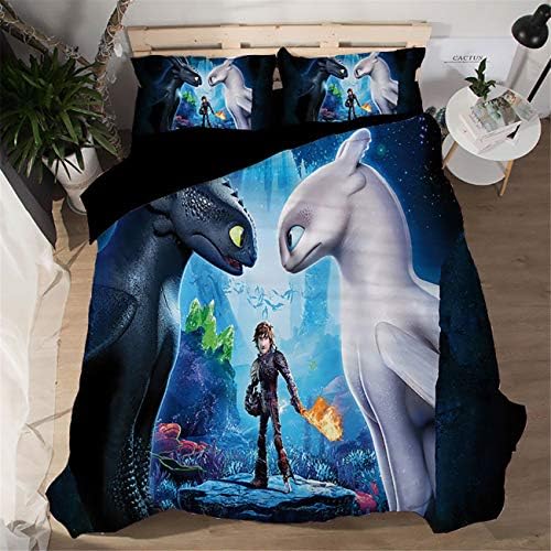 AMTAN 3D How to Train Your Dragon Duvet Cover Set Movie How to Train Your Dragon 3 Bedding Set 100% Microfiber Teen Bed Set 3pcs 1 Duvet Cover 2 Pillowcase King Queen/Full Twin Size