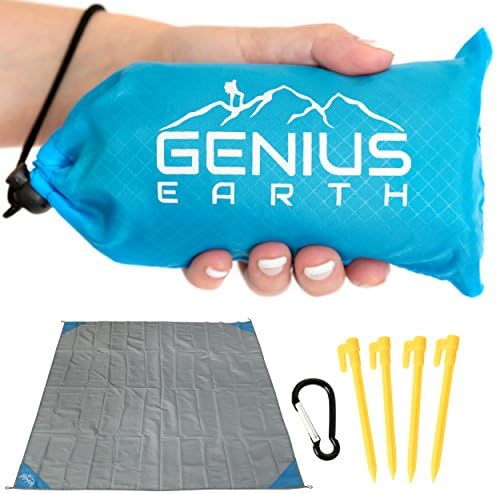 Genius Earth Pocket Blanket/Inflatable Pillow Set. Great for Picnic Time, Beach, Travel, Camping, Hiking, Backpacking, Outdoor. Large 55"x 60" Lightweight, Compact and Packable Pouch with 4 Stakes