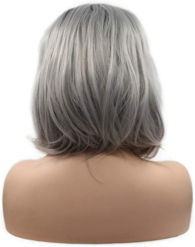 Heat Resistant Shoulder Length Synthetic Lace Front Wigs Short Bob Hair for Drag Queen Black Roots Ombre Grey Wig Summer Pastel Wig 14inches - Image 5
