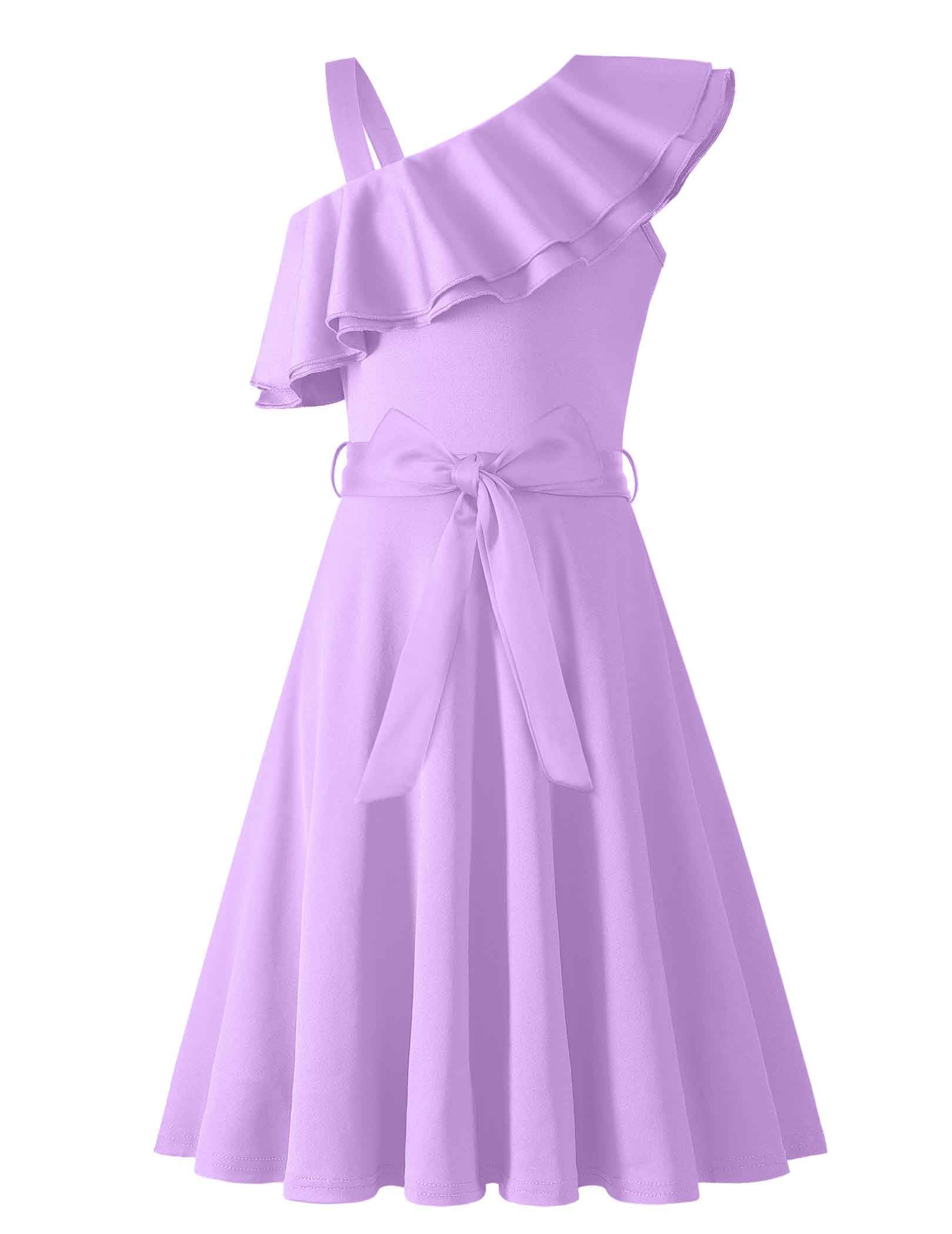 Photo 1 of Arshiner Tween Girls Summer Dress Formal One Shoulder Ruffle Trim A Line Purple Easter Sundress 10-11 Years
