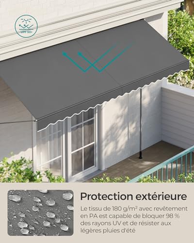 SONGMICS GSA402G02 Retractable Awning Manual Awning Height Adjustable with Crank for Balcony, Garden, Terrace, 400 x 180 cm, Charcoal Grey