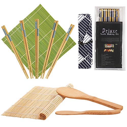 Sushi Making Kit - Natural Sushi DIY Rolling Kit Includes 2 Bamboo Rolling Mats, 1Rice Paddles, 1 Rice Spreader, 5 Pairs Chopsticks, 1 Avocade slicer, 1 Chopsticks Bag with Exquisite Packaging