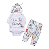 3Pcs Newborn Baby Boys Cute Little Brother Romper+Long Animal Tree Pants+Hat Playwear Bodysuit Set (White, 0-6Month)