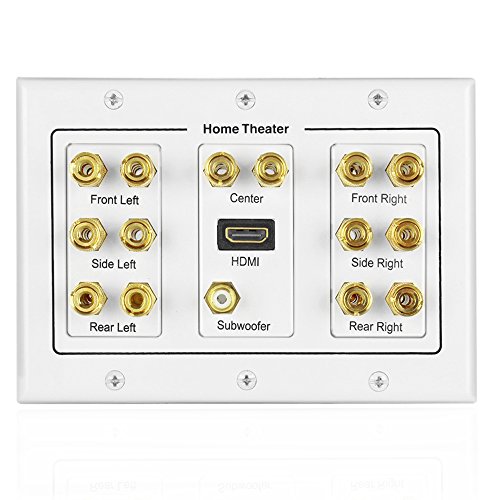 TNP Home Theater Speaker Wall Plate Outlet - 7.1 Surround Sound Audio Distribution Panel, Gold Plated Copper Banana Plug Binding Post Coupler, RCA LFE Jack for Subwoofer, HDMI 4K ARC Full HD (3-Gang)