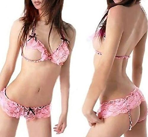 Pink Lace Open Crotch Bra Set Lingerie Thong G-string Dancer Bikini