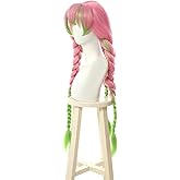 Nuoqi Mitsuri Cosplay Wig Kanroji Mitsuri Wig 3 Braided Hair Womens Pink Green Cosplay Wigs Halloween