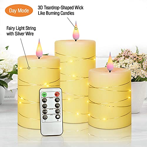 Set of 3 Flickering Flameless Candles with Embedded String Light, Battery Operated Pillar Real Wax 3D Teardrop-Shaped Wick LED Candle Sets with Remote Control Timer