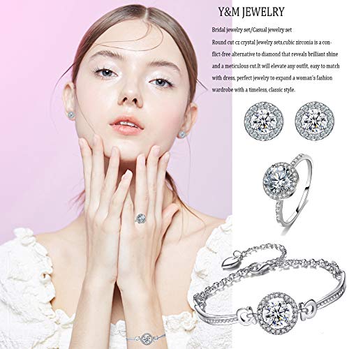 Y&M Bridal Austrian Crystal Necklace Earrings Bracelet 8 Size Ring 4pcs Jewelry Sets Gifts Fit with Weddding Dress