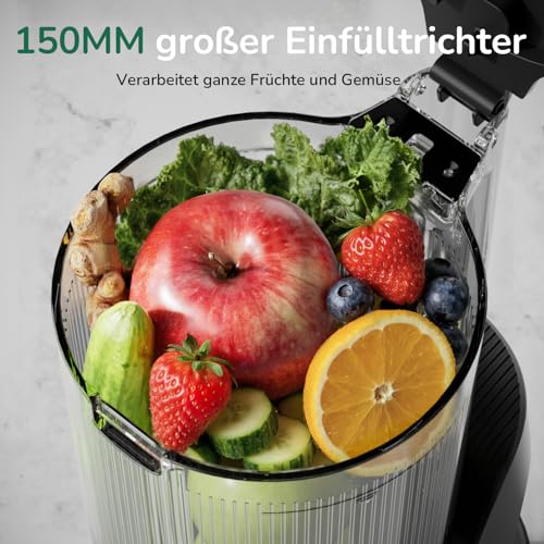 Spremiagrumi con foro di riempimento extra large 150 mm, filtro 3 in 1 (per succo, sorbetto e latte di noci), volume di riempimento 2,6 l, spremiagrumi lento con motore AC, sistema