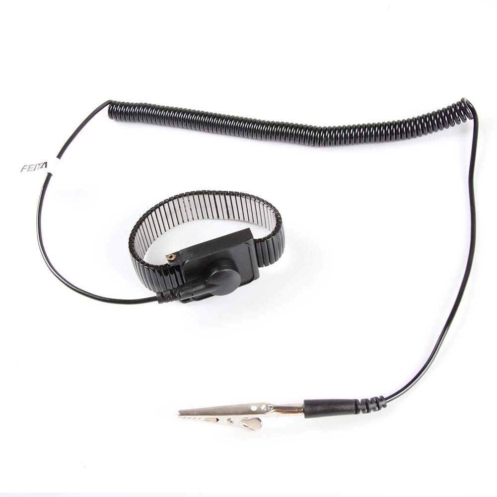 FEITA Anti Static ESD Adjustable Metal Wrist Strap Anti-Static Wristband with 8 Feet Coiled Cord - Metal Bracelet Personal Safety Protector - Black - 1 Pc