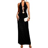 ChiaoLezhee Women's Sexy Backless Evening Gown - Elegant Deep V Halter Maxi Dress with Cinched Waist for Formal Wedding Guest