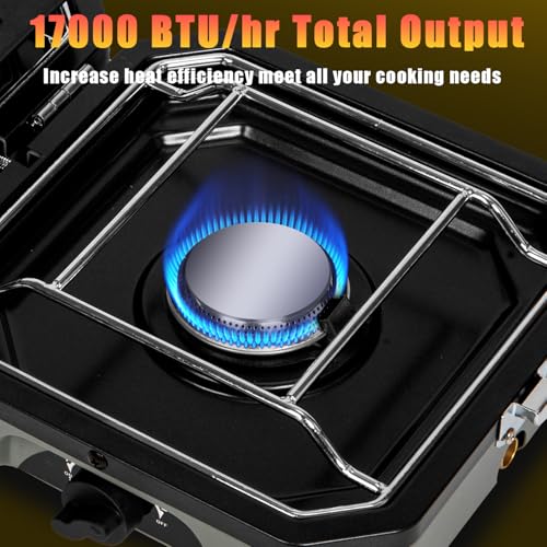 2 Burner Propane Camping Stove with Grill, 14000 BTU Portable Foldable Camp Stove with Steel Braided Hose and Carrying Bag, Adjustable Burners, Suitable for Backyard BBQs Camping and Outdoor Cooking