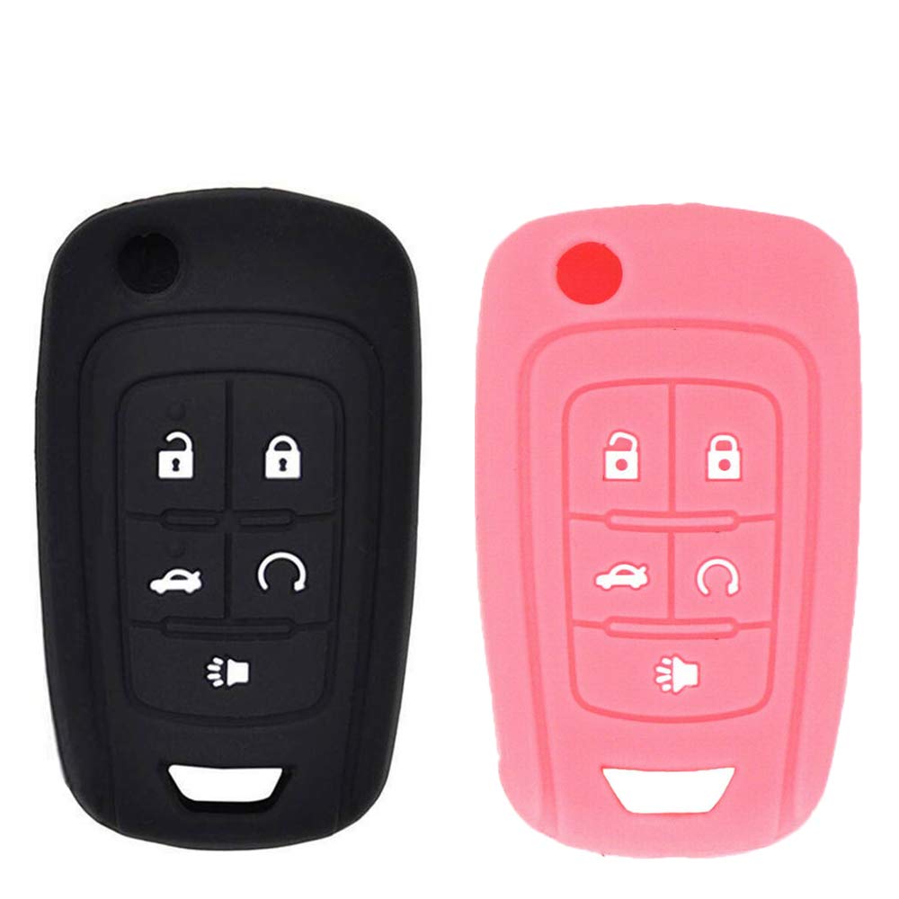 LemSa2 Pack Soft Rubber Silicone Keyless Entry Car Key Fob Cover Protector Case for Chevrolet Equinox Camaro Cruze Malibu Sonic Volt Park OHT01060512 KR55WK50073 13504199 13500221, Black/Pink