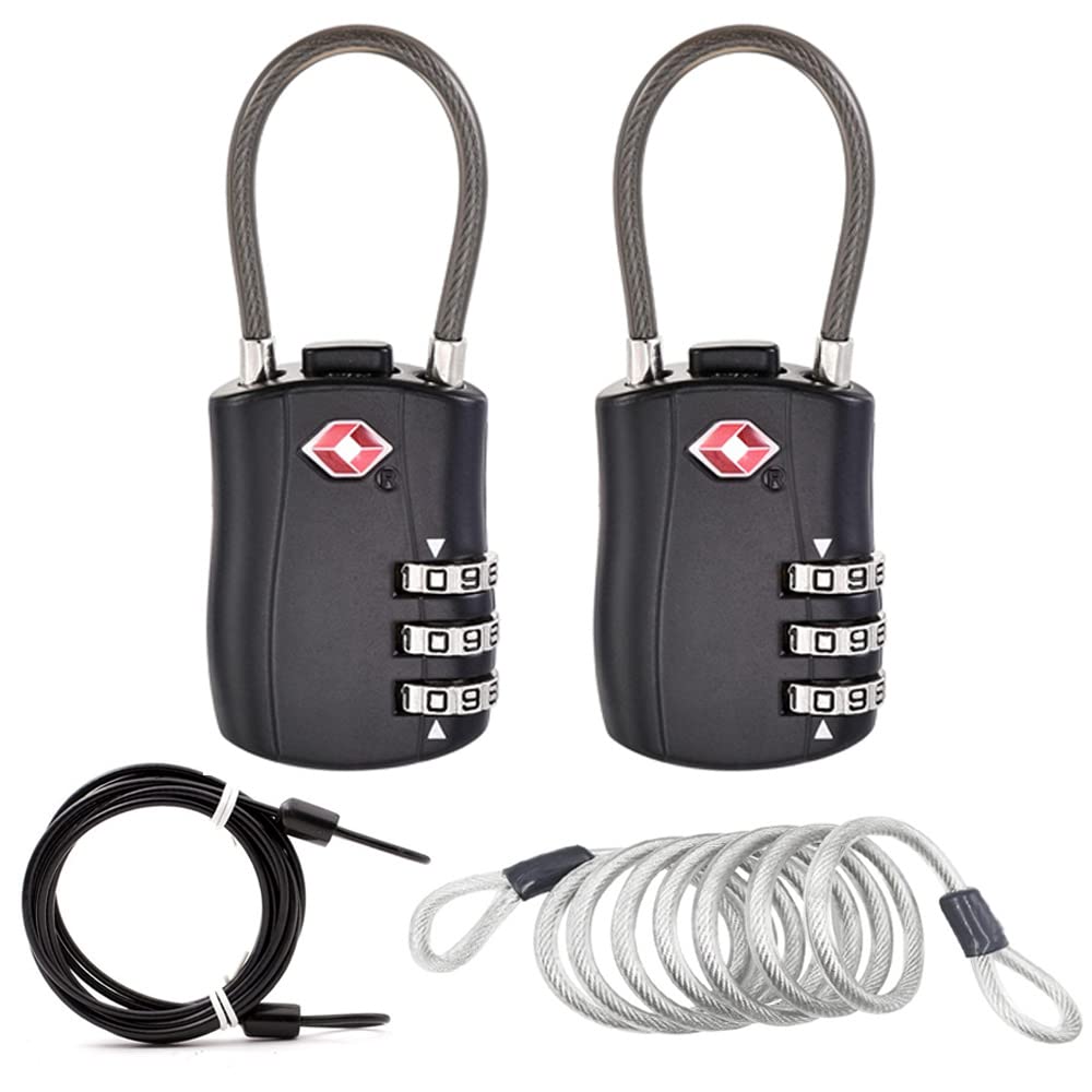 TSA Luggage Locks Pack, Digit Combination Padlockss and Steel Cable Combination Travel Security Lock, Luggage Travel Lock Coded Lock … (2 Pack)