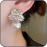 Sparkly Pearl Rhinestone Earrings for Women,White Snowflake Flower Statement Earrings,Formal Floral Holiday Prom Weeding Jewelry Gifts