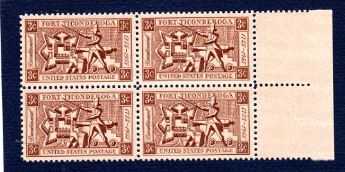 Postage Stamps United States. Block of Four 3 Cents Light Brown, Map of Fort Ticonderoga, Ethan Allen and Artillery Stamps, Dated 1955, Scott #1071.