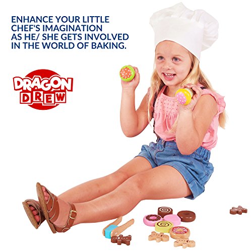 Dragon Drew Play Kitchen for Toddlers with Chef Hat - Wooden Play Food Playset (14 PC Set) - Thumbnail 3