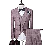 Mens 3-Piece Suit One Button Plaid Dress Blazer Jacket & Vest & Trousers Set