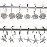 FINROS 12 PCS Double-Hook Stainless Steel Shower Rings Decorative Home Bathroom Seashell Shower Curtain Hooks