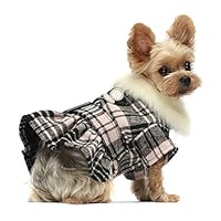 Fitwarm Faux Fur Double-Breasted Belted Plaid Dog Jacket Pea Coats Pet Winter Clothes Cat Outfits Woolen Pink Medium