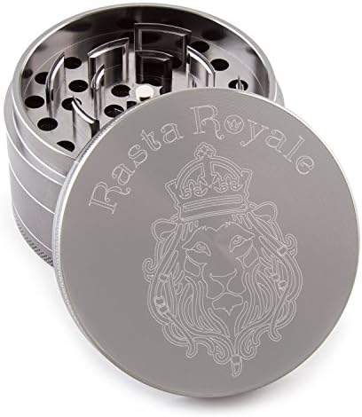 Rasta Royale 3" Inch 4 Piece Curved Blade Design Herb Tobacco Grinder with Pollen Catcher and Scraper - Gray