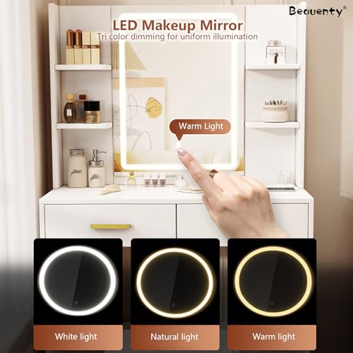 Beauenty Makeup Vanity Table, Vanity Desk with LED Mirror and Stool, Modern Simple Dressing Table with 2 Drawers and Multi-level Storage, Vanity Set Gifts for Women and Girls, White (80 * 40 * 140cm)