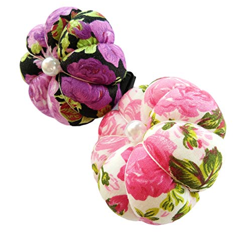 CUSHYSTORE 2X Pink Purple Wrist Flower Floral Garden Pin Needle Cushion Pincushion Wearable Pumpkin Sewing Holder Safety with Adjustable Elastic Band for Girl Women Gift