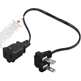 Short Extension Power Cable, Right Angled Polarized US 2-Prong Male-Female | Angled 2 Prong Extension Cable Cord, 10A/125V 16AWG, 1Foot, Black