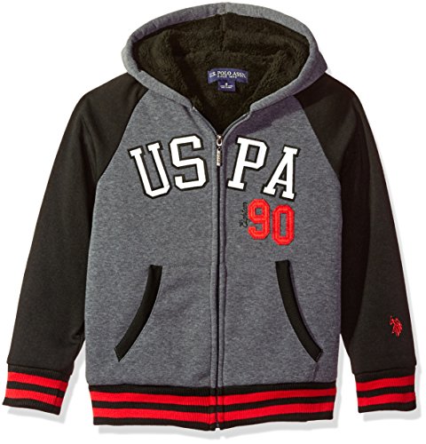 U.S. Polo Assn. Boys' Little Boys' Sherpa Lined Fleece Hoodie, Yx Med Heather Gray, 5/6