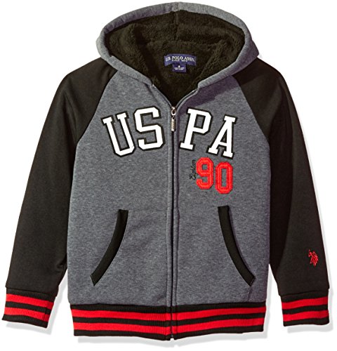 U.S. Polo Assn. Boys' Little Boys' Sherpa Lined Fleece Hoodie, Yx Med Heather Gray, 7