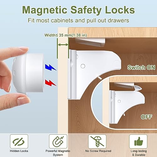 TERRIFI 6 Pack Magnetic Child Safety Cupboard Locks with 2 Keys, Babyproof Your Cabinets and Drawers, No Drilling or Screws Needed, Includes 1 Child Safety Lock for Knobs