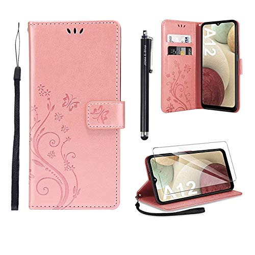 For Samsung Galaxy A12 Case and Screen Protector,Samsung A12 Wallet Case PU Leather with Card Slots Folding Stand Magnetic Protect Flip Cover Compatible with Samsung Galaxy A12(Rose Gold)