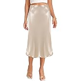 jascaela Womens Satin Silk Skirt High Waist Side Slit Skirt Casual A Line Midi Skirts