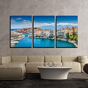 3 Piece Canvas Wall Art - Agios Nikolaos Agios Nikolaos is a Picturesque Town - Modern Home Art Stretched and Framed Ready to Hang - 16"x24"x3 Panels
