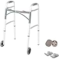 Walker Folding Deluxe with Tray and Front 5" Wheels and Free 2pair Round Rear Glide caps, Adjustable Height (Short, Standard, Tall People) by Healthline Trading