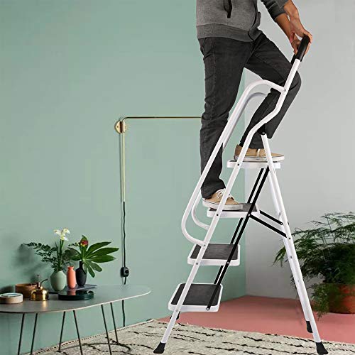 Livebest 4 Steps Ladder Folding Step Stool with Hand Grip Non-Slip Safety Rails Portable Heavy Duty 330 lb Load Capacity for Home Household Kitchen Office Garden,Iron