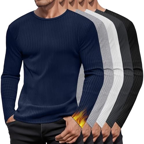 August Alley 4 Pack Men's Cotton Thermal Long Sleeve Shirts Ribbed
