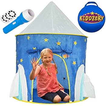 Kiddzery Rocket Ship Play Tent, With FREE BONUS Space Torch Projector - Children Playhouse Durable for Indoor/Outdoor Imaginative Spaceship Design, Great Gift Idea for Boys and Girls, Toddler and baby