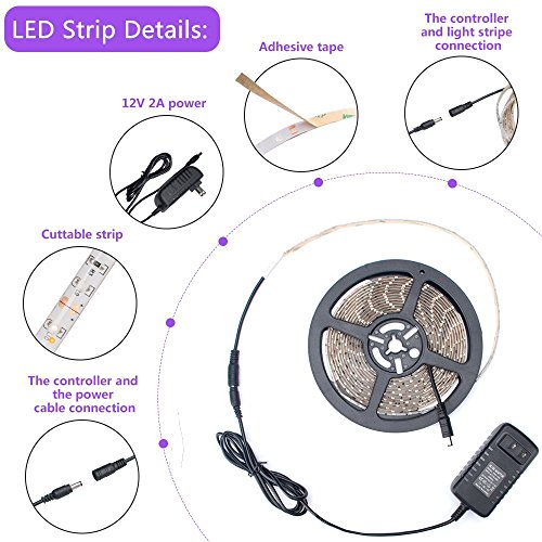 LED Strip Light UV Black Light - Escolite UV Light Strip 16.4Ft/5M Strip Light Waterproof IP65 24W 300LEDs with 12V 2A Power Supply