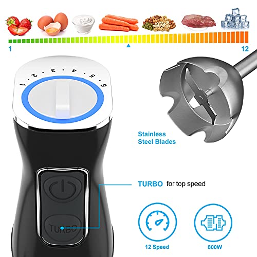 Immersion Blender, 5in1 Hand Blender Kits, 800W Powerful 12Speed Handheld Stick Blender with