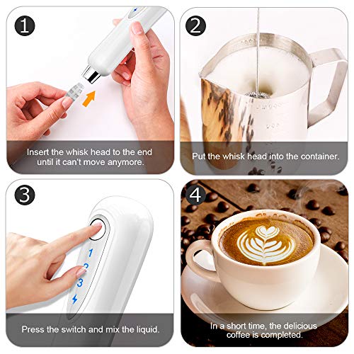 CAVN Rechargeable Milk Frother Handheld Electric Coffee Frother, 1500 mAh Battery Drink Egg Mixer with 2 Stainless Steel Whisks for Cappuccino Bulletproof Coffee Frappe Latte Hot Chocolates (White)