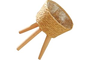 LALAFINA Wood Woven Plant Pot Basket with Stand, Small 18cm Diameter Wood Flower Planter Holder for Indoor