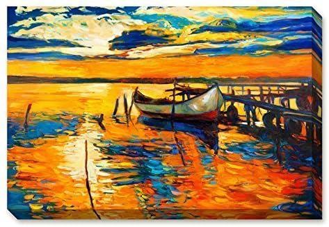 Donglin Art Sunset Paintings Golden Sailboat Modern Oil Painting Wall Art/Decor Landscape Paintings on Canvas Print Paintings for Living Room Framed Ready to Hang