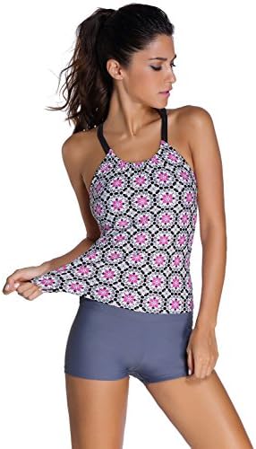 Qika Women Banded Printed Solid Color Tankini Top with Short Swimsuit,Grayish,L
