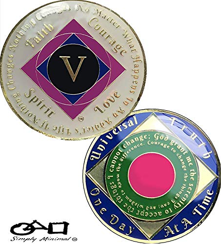 Simply Minimal 5 Year NA Gold Plated Recovery Clean Time Coin, Medallion + Plastic Display Case (Pink)